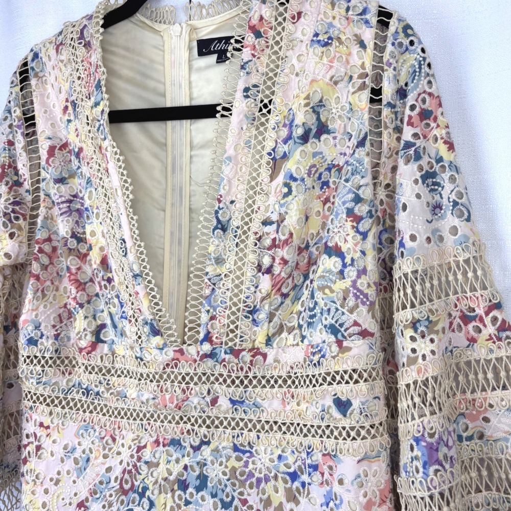 Floral Crochet Lace Eyelet Ruffle Tiered Mini Dress 3/4 Bell Sleeves Athina Sz L